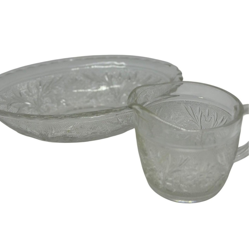 VTG Anchor Hocking Clear Glass Creamer &‎ Oval Platter Set | Floral Etching
